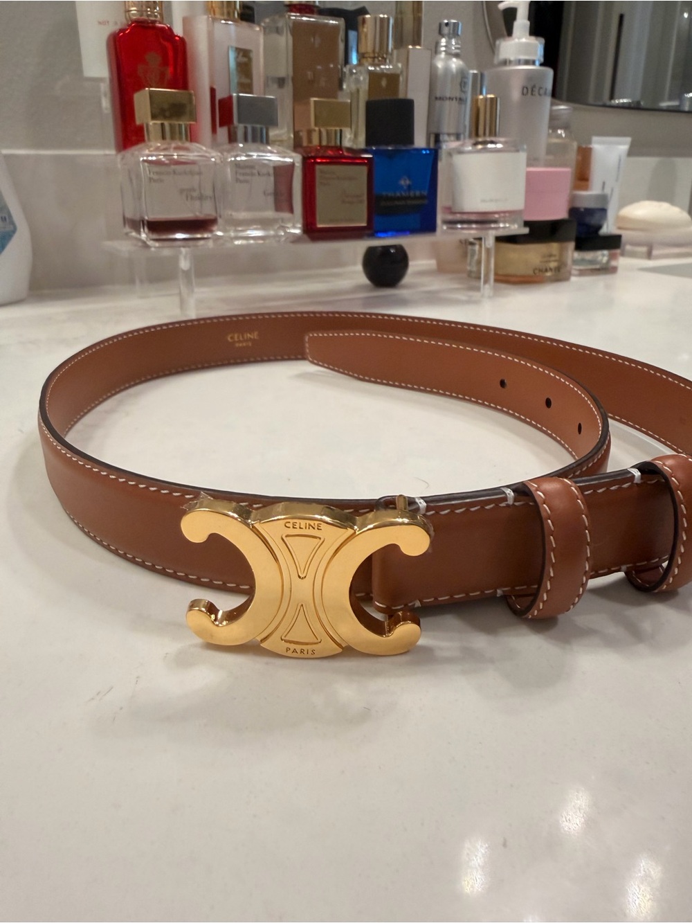 Celine Brown Leather Belt with Gold Triomphe Buckle